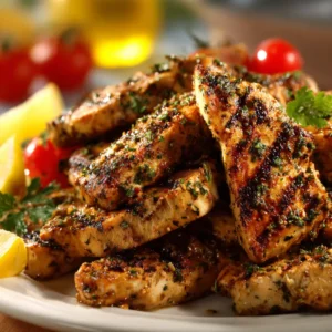 A close-up shot of perfectly grilled Greek chicken, sliced to show its juicy interior and seasoned, golden-brown crust.