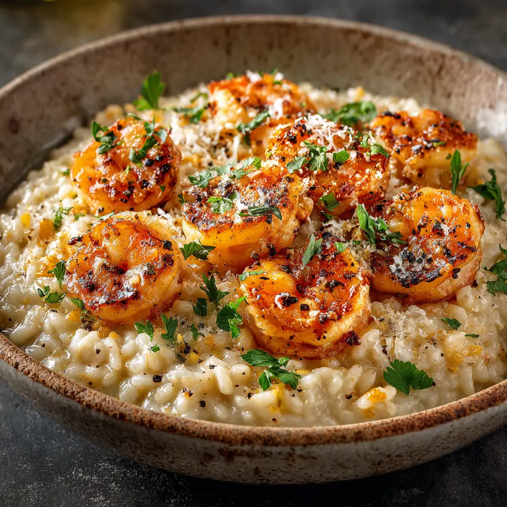 The key ingredients for Lemon Garlic Shrimp Risotto laid out: Arborio rice, fresh shrimp, a lemon, garlic, and Parmesan cheese.