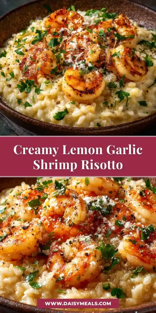 A beautiful bowl of creamy Lemon Garlic Shrimp Risotto, garnished with fresh parsley and a lemon wedge. The perfect elegant dinner recipe.