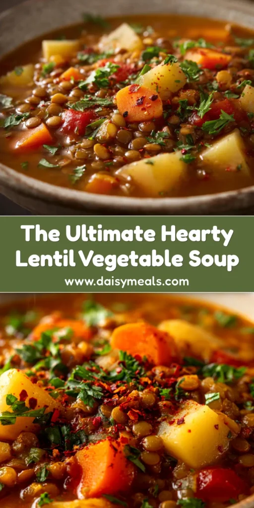 A beautiful top-down shot of a bowl of hearty Lentil Vegetable Soup, garnished with fresh parsley. The perfect pin to save for a healthy and easy dinner recipe.