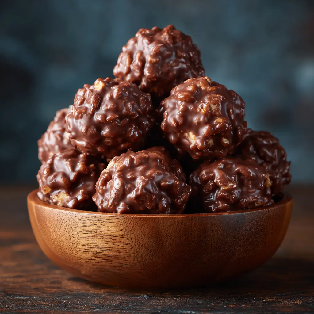 The process of mixing crispy rice cereal into a bowl of melted chocolate and marshmallows.