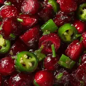 A close-up shot of freshly made sweet and spicy candied jalapeños with cranberries simmering in a pot. The ingredients are vibrant and glossy.