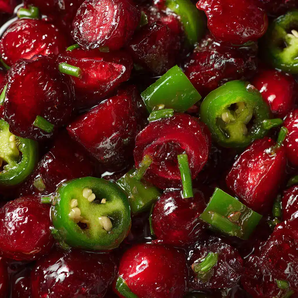A close-up shot of freshly made sweet and spicy candied jalapeños with cranberries simmering in a pot. The ingredients are vibrant and glossy.