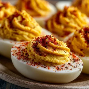 Step-by-step process of making the best deviled eggs, showing the creamy yolk filling being piped into egg white halves.