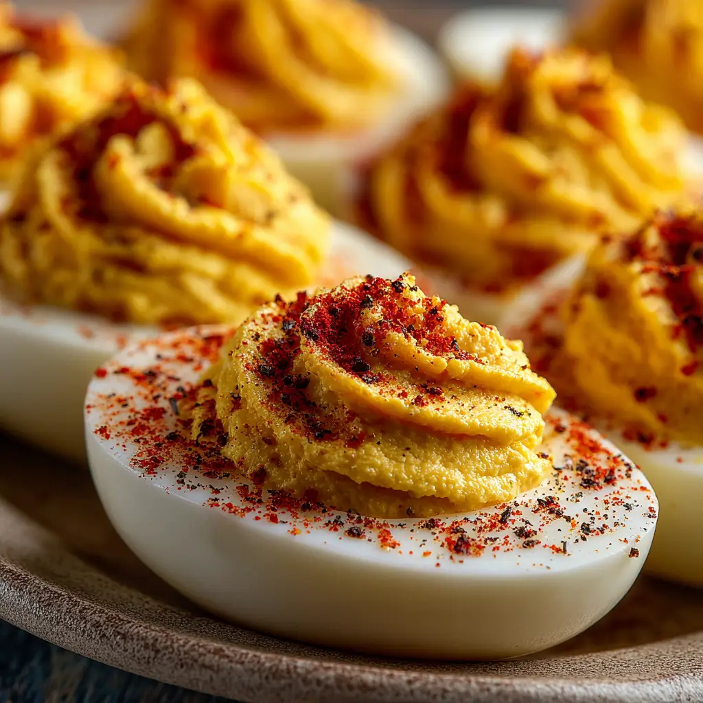Step-by-step process of making the best deviled eggs, showing the creamy yolk filling being piped into egg white halves.