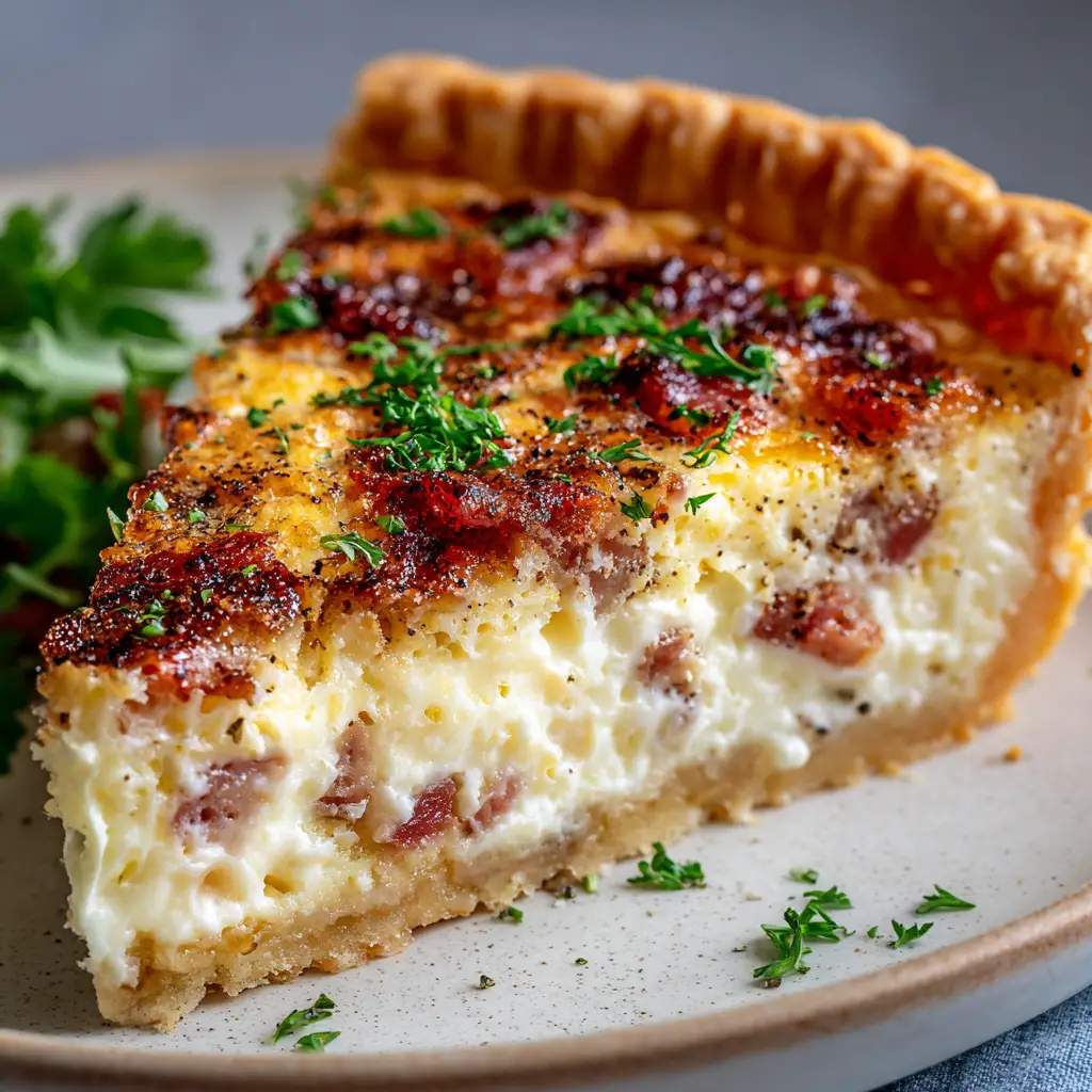 Step-by-step process of making an easy quiche: pouring the egg custard mixture into the pie crust filled with cheese and bacon.