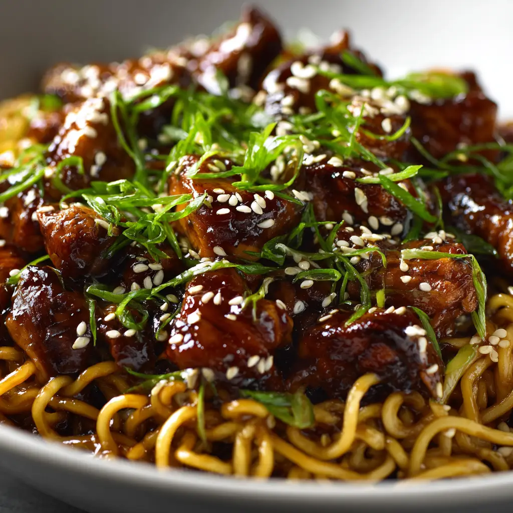 A large skillet showing the process of tossing the chicken and noodles in the sticky garlic sauce.