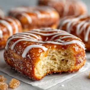 An extreme close-up shot of a homemade maple donut bar, highlighting the moist, cake-like crumb inside.