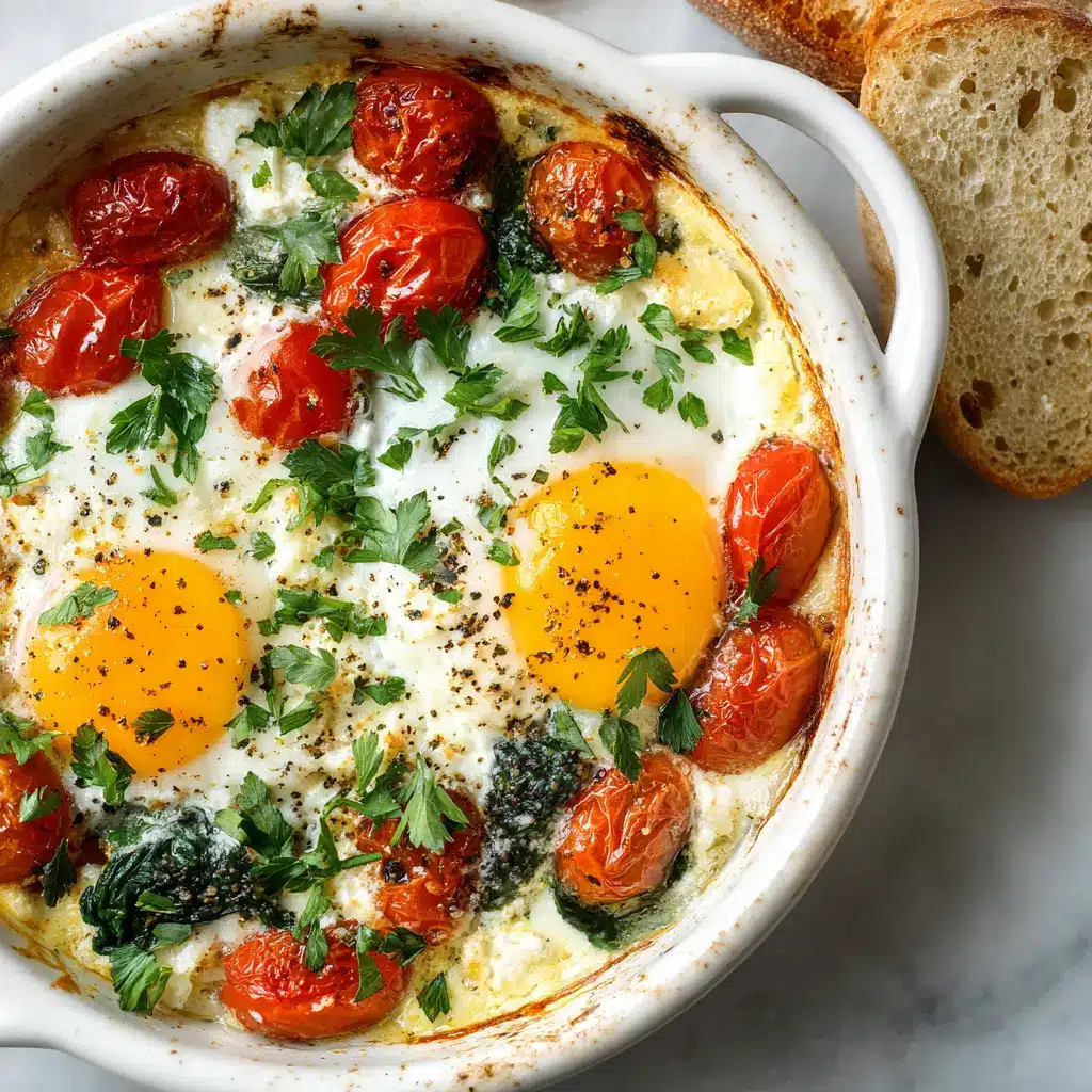 A close-up, overhead view of the Mediterranean Baked Feta Eggs, showing the creamy texture of the baked feta and the vibrant colors of the roasted tomatoes and fresh parsley.
