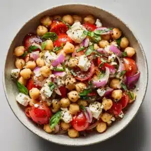 A close-up shot of the Mediterranean chickpea salad, showing the texture of the cucumbers, tomatoes, chickpeas, and feta cheese.