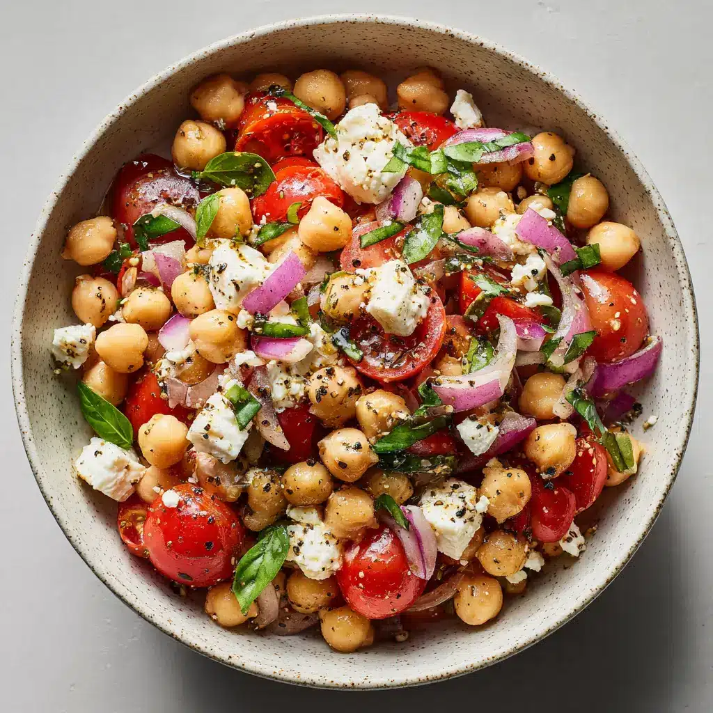 A close-up shot of the Mediterranean chickpea salad, showing the texture of the cucumbers, tomatoes, chickpeas, and feta cheese.