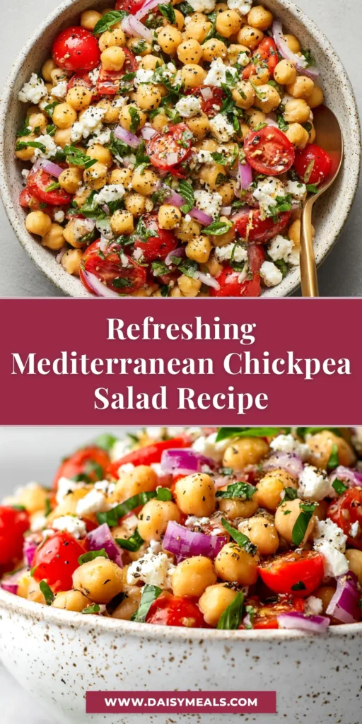 A vibrant and fresh Mediterranean chickpea salad in a white bowl, topped with feta and fresh herbs. The perfect healthy and easy lunch recipe.