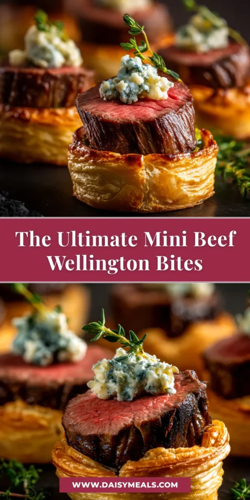 A platter of golden-brown mini beef wellington bites, garnished with fresh thyme, ready for a party.