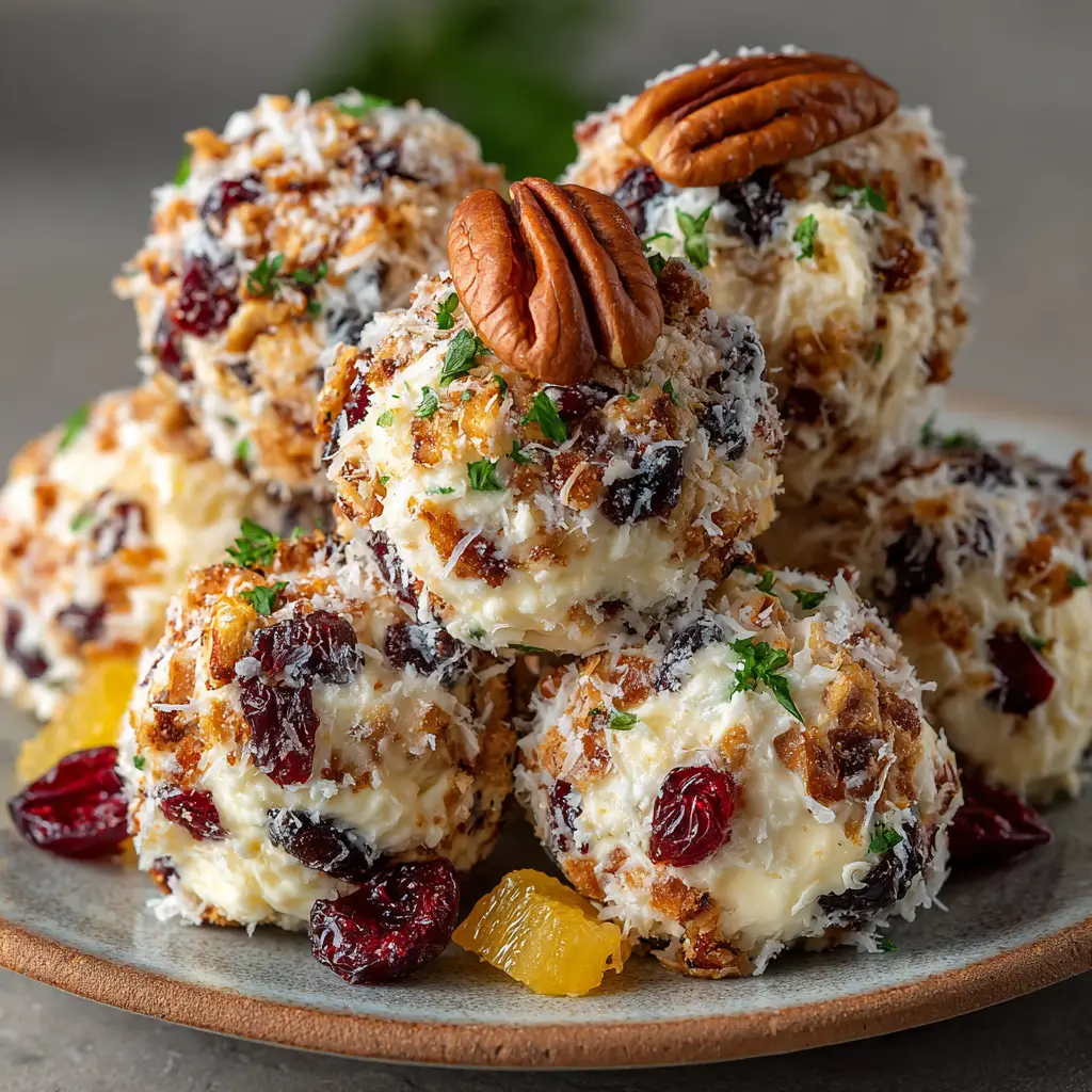 A close-up view of mini cream cheese pineapple cheese balls piled on a serving plate.
