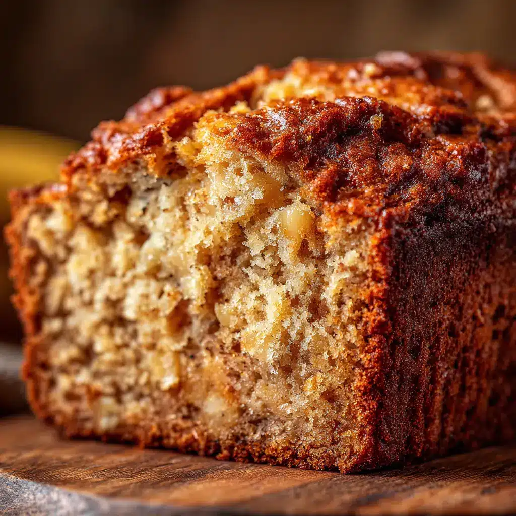 An extreme close-up of a thick slice of moist banana bread, highlighting the soft texture and tender crumb of this easy banana bread.