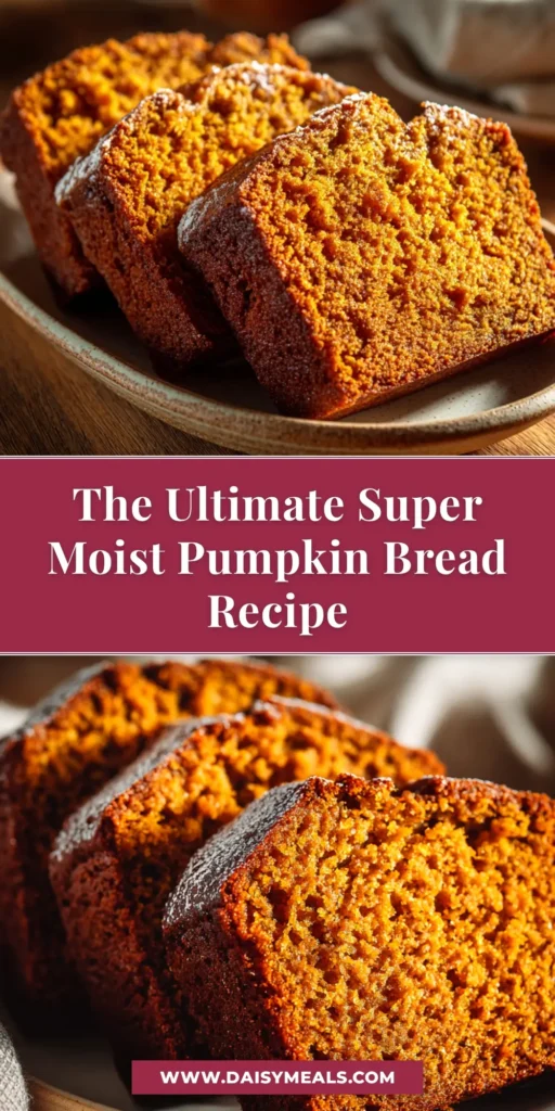 A beautiful hero shot of the Moist Pumpkin Bread Recipe. A full loaf is shown on a wooden board with several thick slices cut, showcasing the tender, moist crumb.