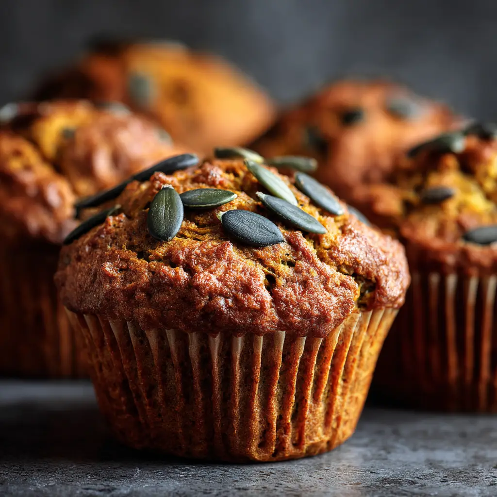 An extreme close-up of a moist pumpkin protein muffin, highlighting its soft texture and warm spices.