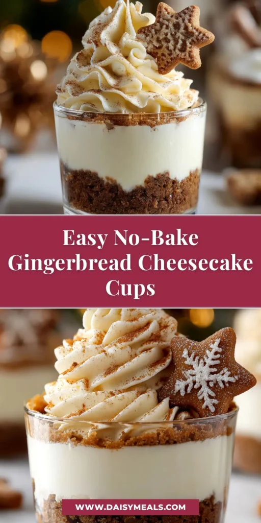 A slice of No-Bake Gingerbread Cheesecake on a plate, topped with whipped cream and a gingerbread cookie. The perfect festive holiday dessert.