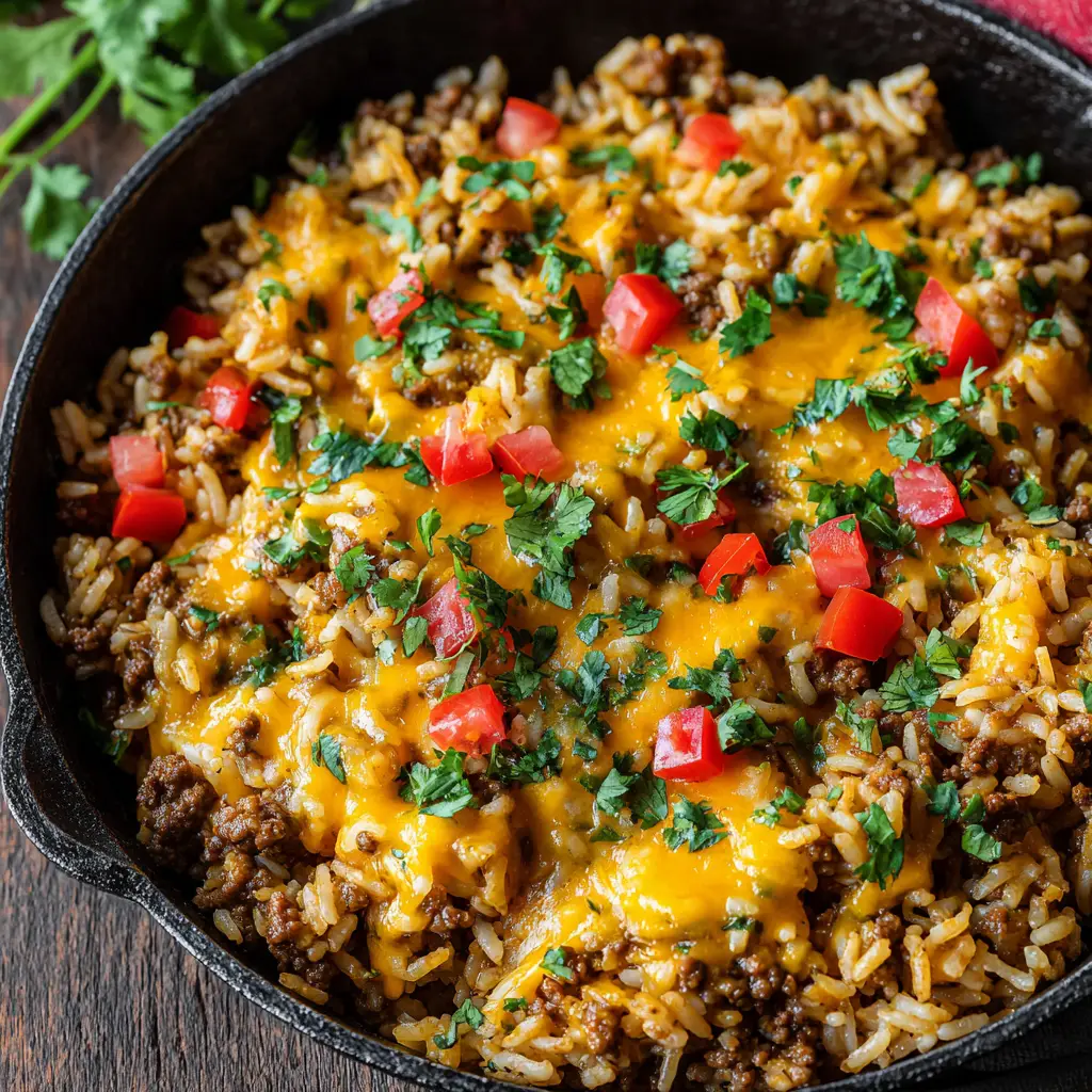 A spoonful of the finished taco rice skillet being lifted from the pan, highlighting the gooey cheese pull.
