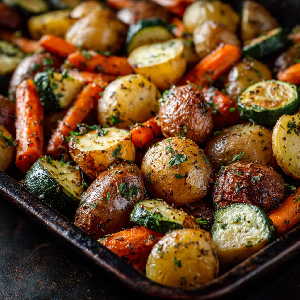 An extreme close-up shot of oven roasted vegetables. You can see the detailed texture of caramelized broccoli and carrots seasoned with herbs.