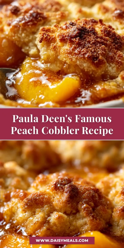 A delicious, golden-brown Paula Deen Peach Cobbler fresh from the oven, served in a white baking dish with a scoop of vanilla ice cream.