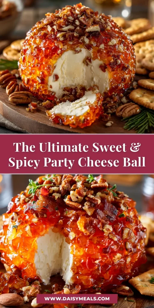 A stunning Pepper Jelly Cheese Ball coated in pecans and drizzled with red pepper jelly, served on a white platter with an assortment of crackers ready for a party.