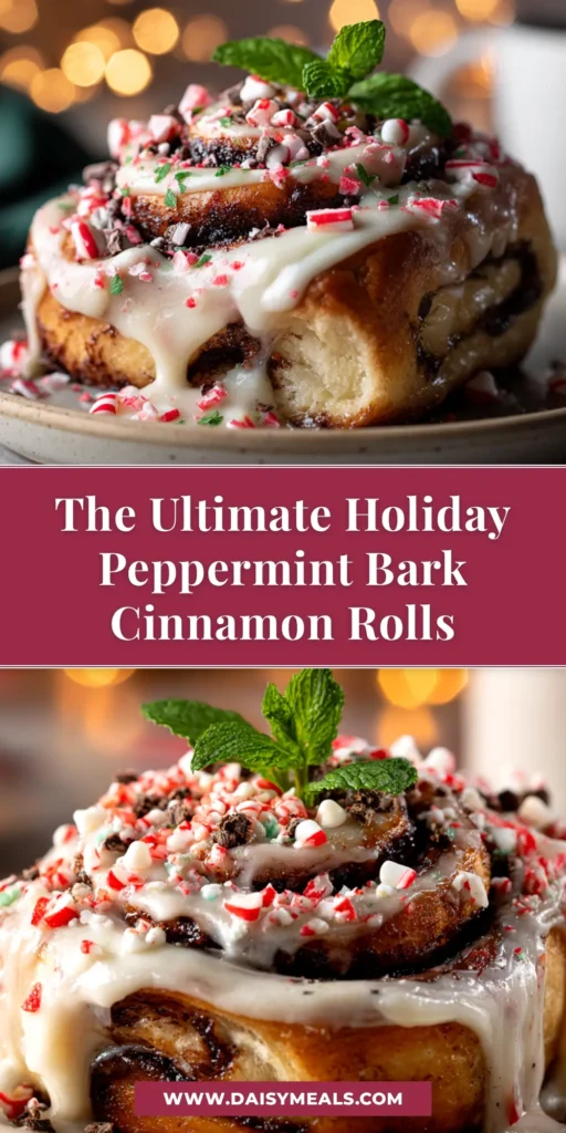 A pan of freshly baked peppermint bark cinnamon rolls, generously topped with cream cheese icing and crushed peppermint bark. The perfect holiday breakfast treat.