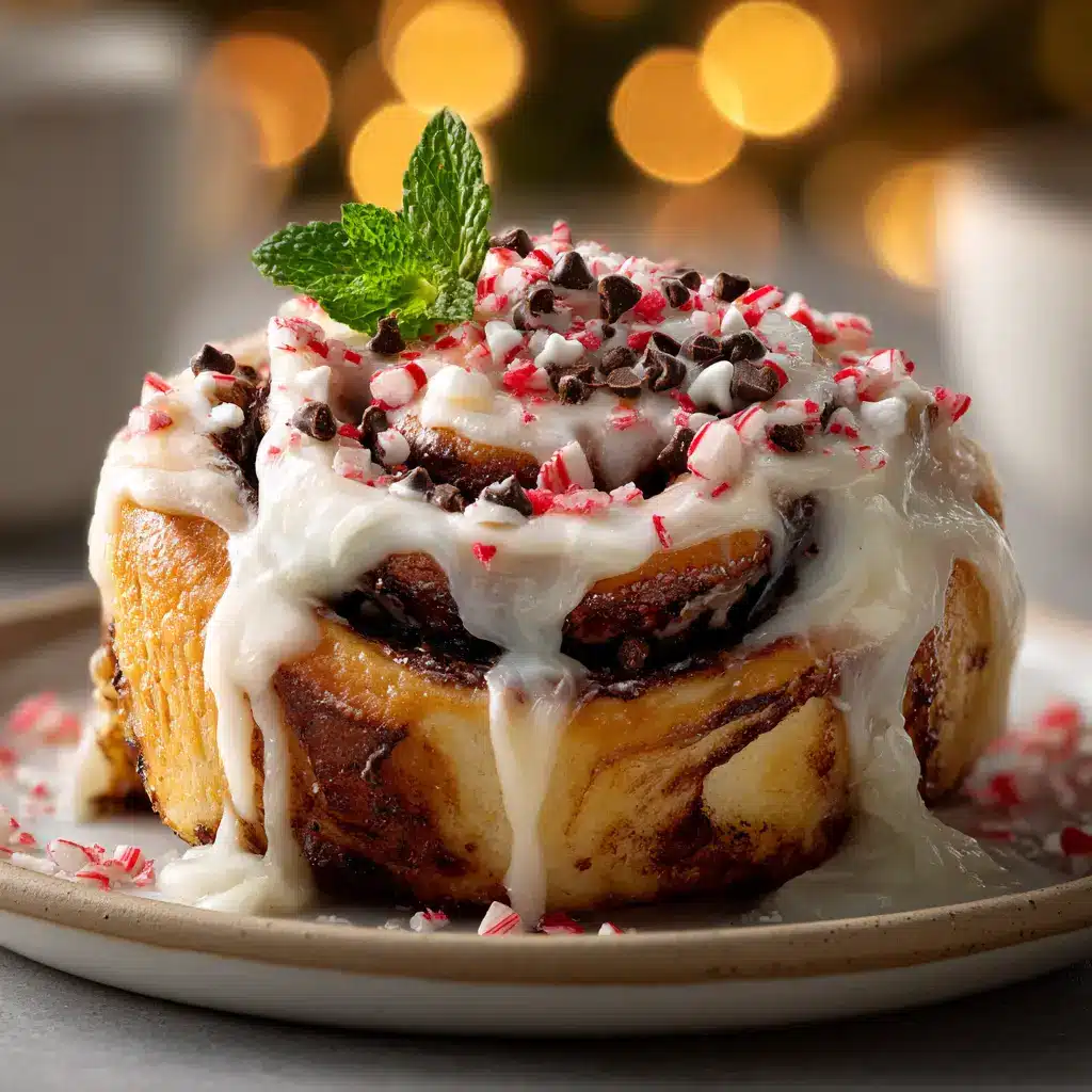 An extreme close-up of a warm, freshly-baked peppermint bark cinnamon roll. The cream cheese icing is melting perfectly over the soft roll, with vibrant pieces of crushed peppermint.