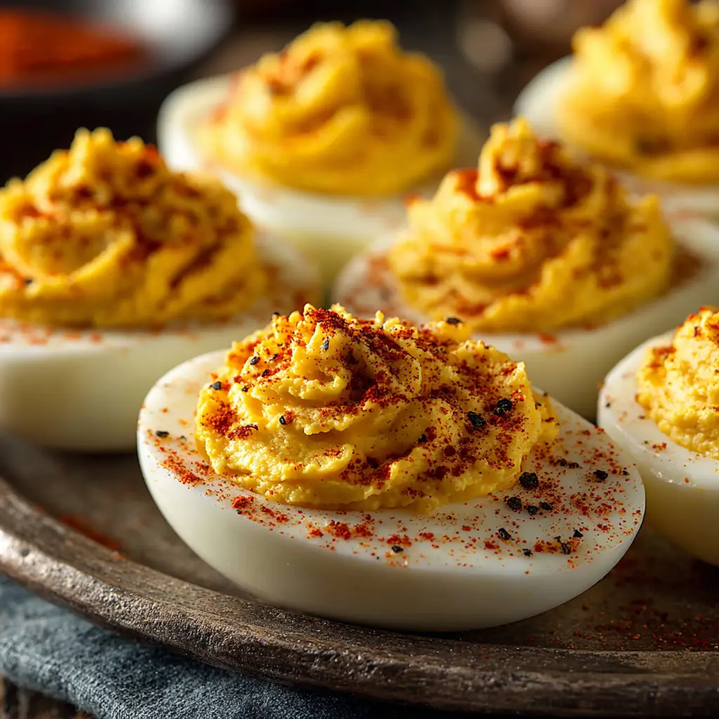 A close-up of a single Million Dollar Deviled Egg, highlighting the texture of the creamy filling and the crispy candied bacon.