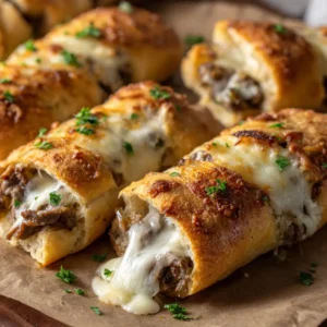 A close-up macro shot of the Philly cheesesteak filling with thinly sliced steak, onions, peppers, and melted cheese, ready to be stuffed into the breadstick dough.