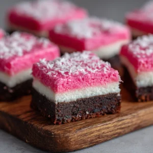 A close-up shot of a single pink coconut snowball cake bar, showing the moist cake and fluffy marshmallow coconut topping.