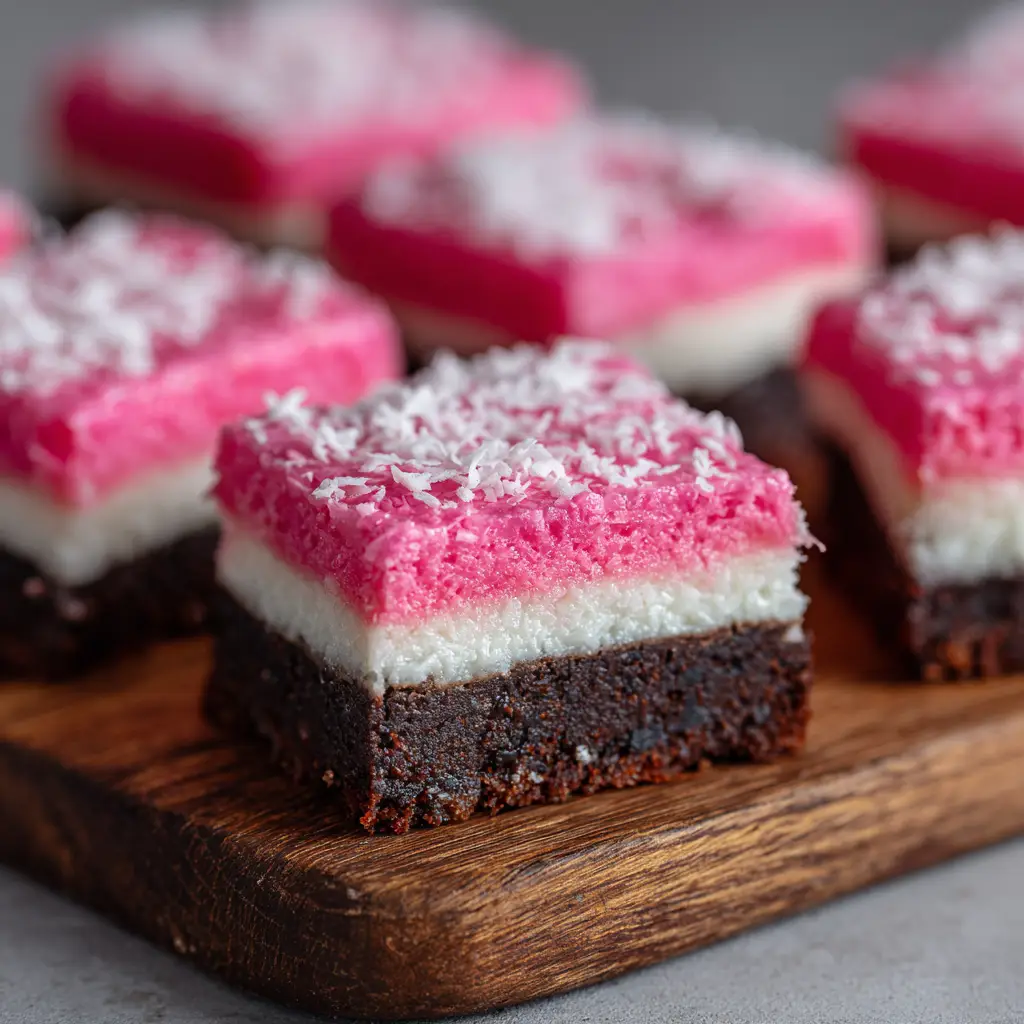 A close-up shot of a single pink coconut snowball cake bar, showing the moist cake and fluffy marshmallow coconut topping.