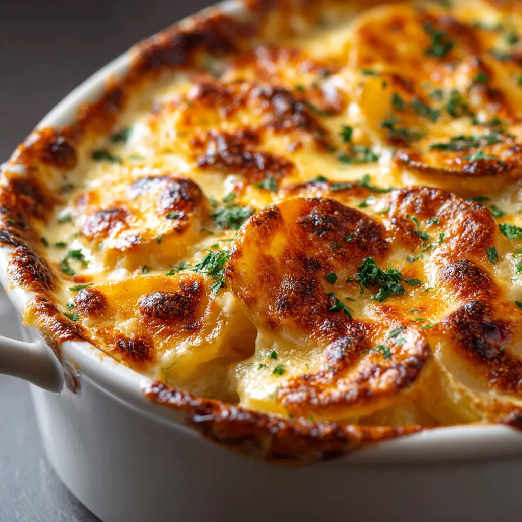 A baking dish filled with Ruth's Chris style potatoes au gratin, topped with shredded cheese and ready for the oven.