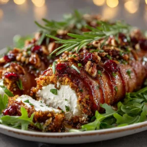 An extreme close-up of a goat cheese log being wrapped in a bacon weave before baking. A key step in this easy goat cheese appetizer.