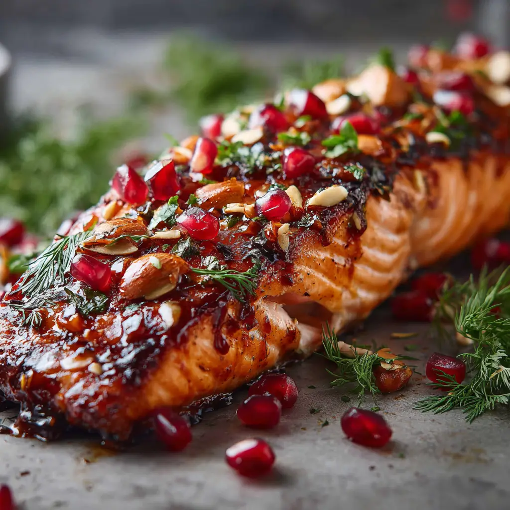 A whole roasted salmon for Christmas being glazed with the cranberry-herb mixture before going into the oven.