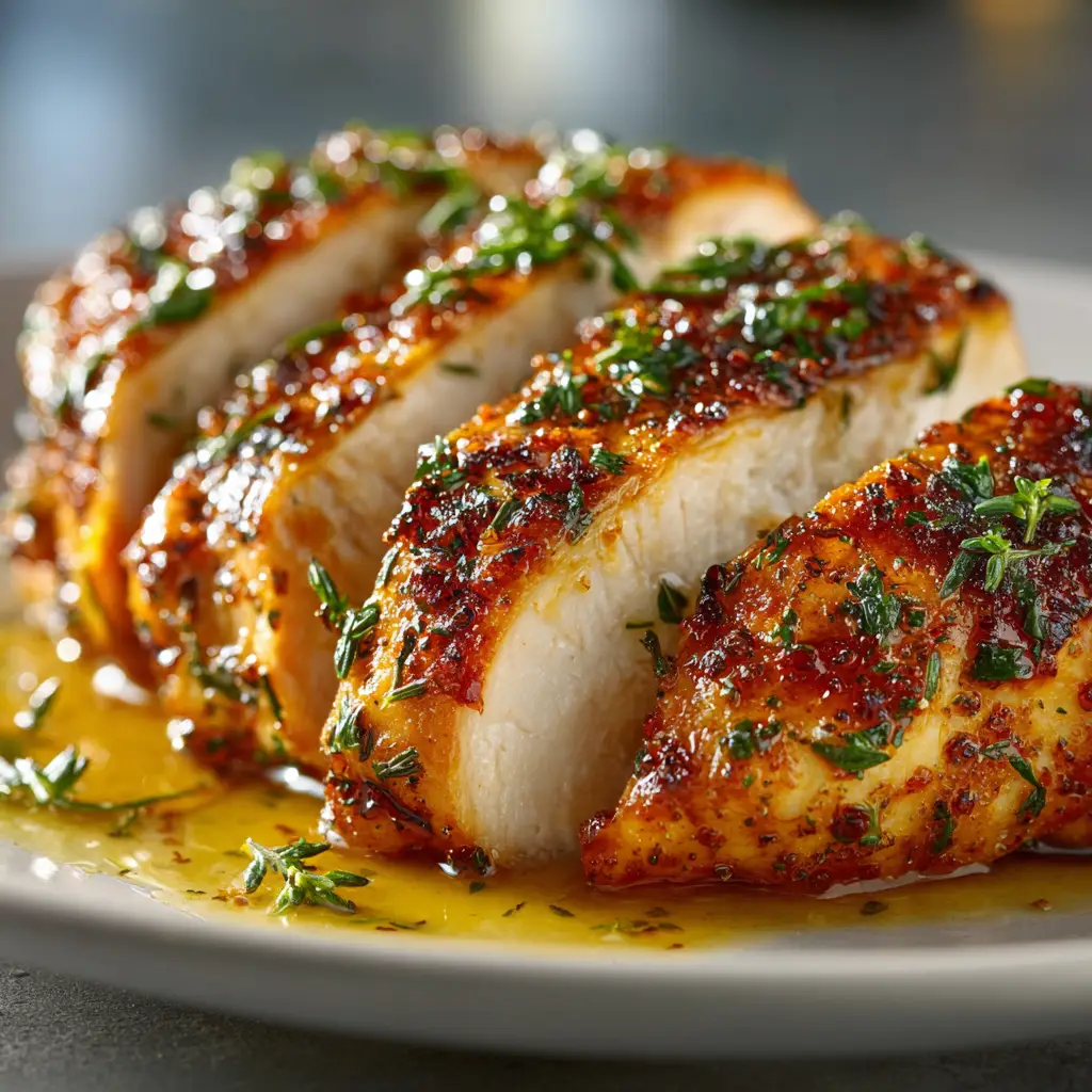 Seasoned raw chicken breasts placed in the bottom of a slow cooker with chicken broth poured around them before cooking.