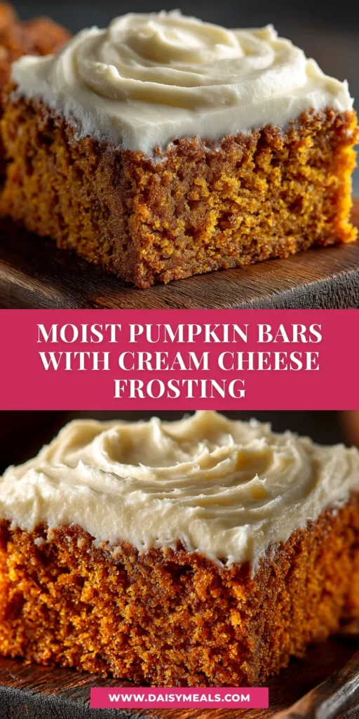 A close-up shot of perfectly sliced pumpkin bars with a thick layer of cream cheese frosting, ready to be served. The ultimate fall dessert recipe.