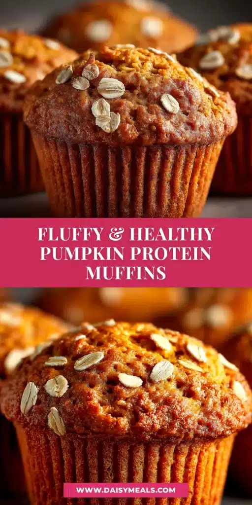 A stack of moist pumpkin protein muffins on a white plate, with one muffin split open to show the tender texture inside. A sprinkle of cinnamon is on top.