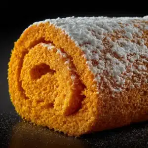 A photo demonstrating how to spread the pumpkin cake batter evenly in a parchment-lined jelly roll pan before baking.