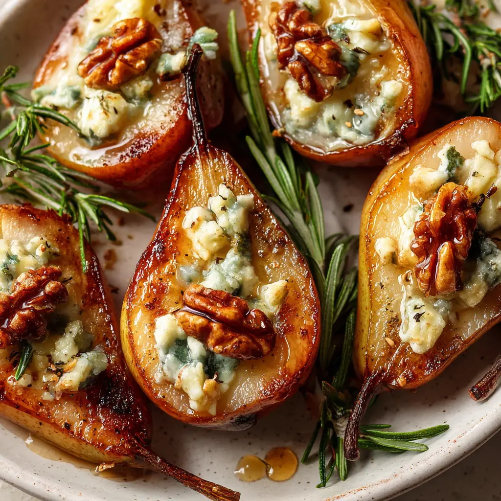 An overhead close-up of roasted pear halves filled with melted blue cheese and walnuts in a baking dish.