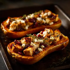A close-up view of roasted butternut squash halves filled with a savory sausage mixture before the final bake.
