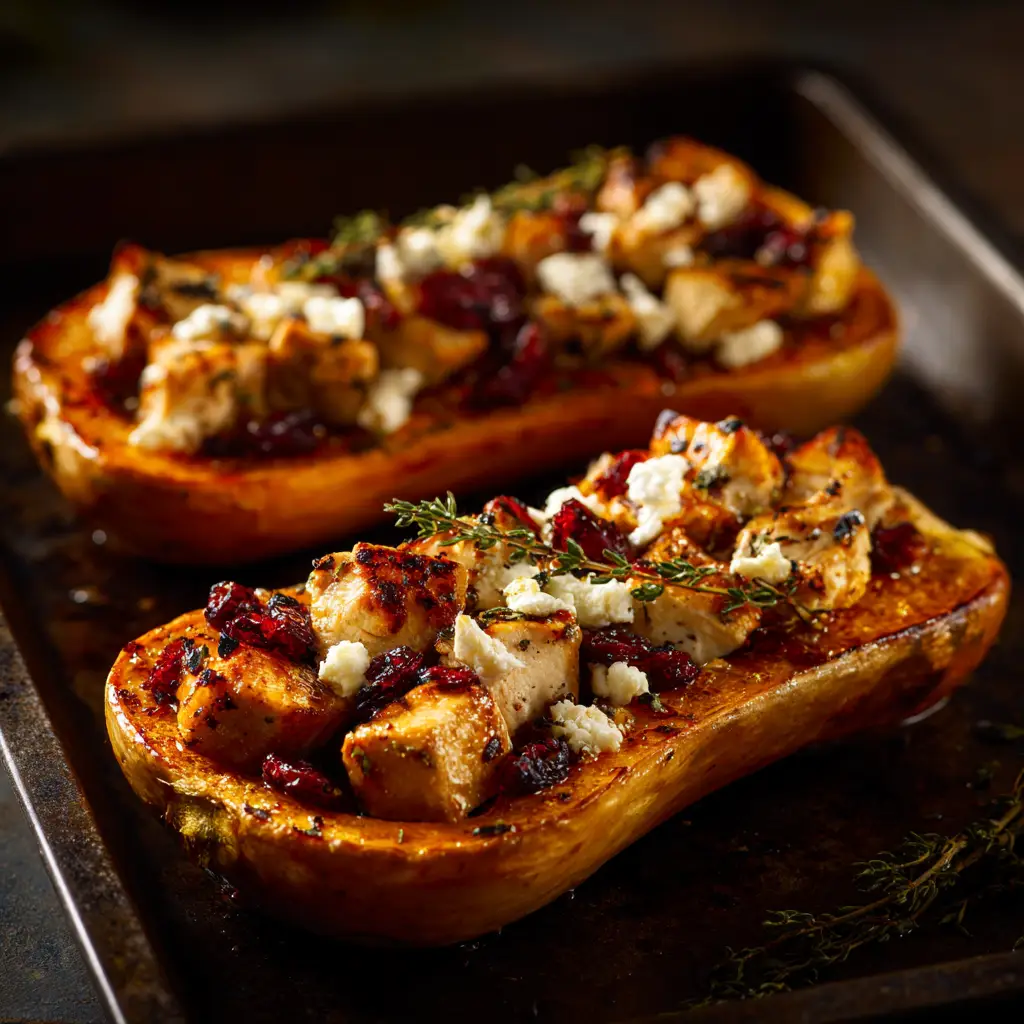 A close-up view of roasted butternut squash halves filled with a savory sausage mixture before the final bake.