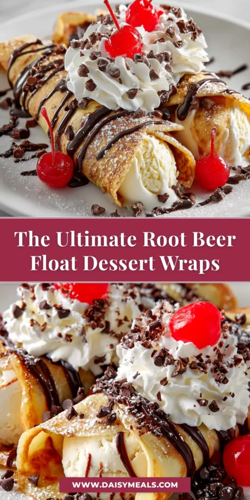 Root Beer Float Wraps on a plate, drizzled with root beer sauce and a scoop of vanilla ice cream on the side. A fun and easy dessert recipe.