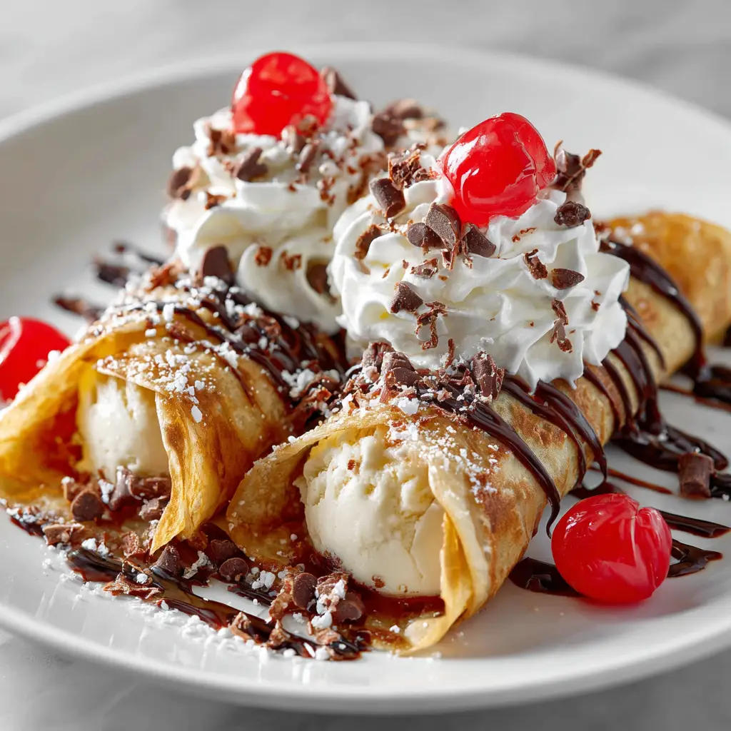 A close-up of a dessert wrap being drizzled with a rich, dark root beer reduction sauce.