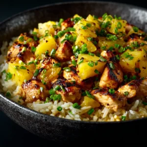 An extreme close-up shot of juicy, savory pineapple and chicken chunks being cooked in a skillet for a Hawaiian chicken recipe.