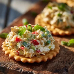 An extreme close-up of a perfectly assembled savory ritz cracker sandwich, showing the layers of ham, cheese, and creamy spread.