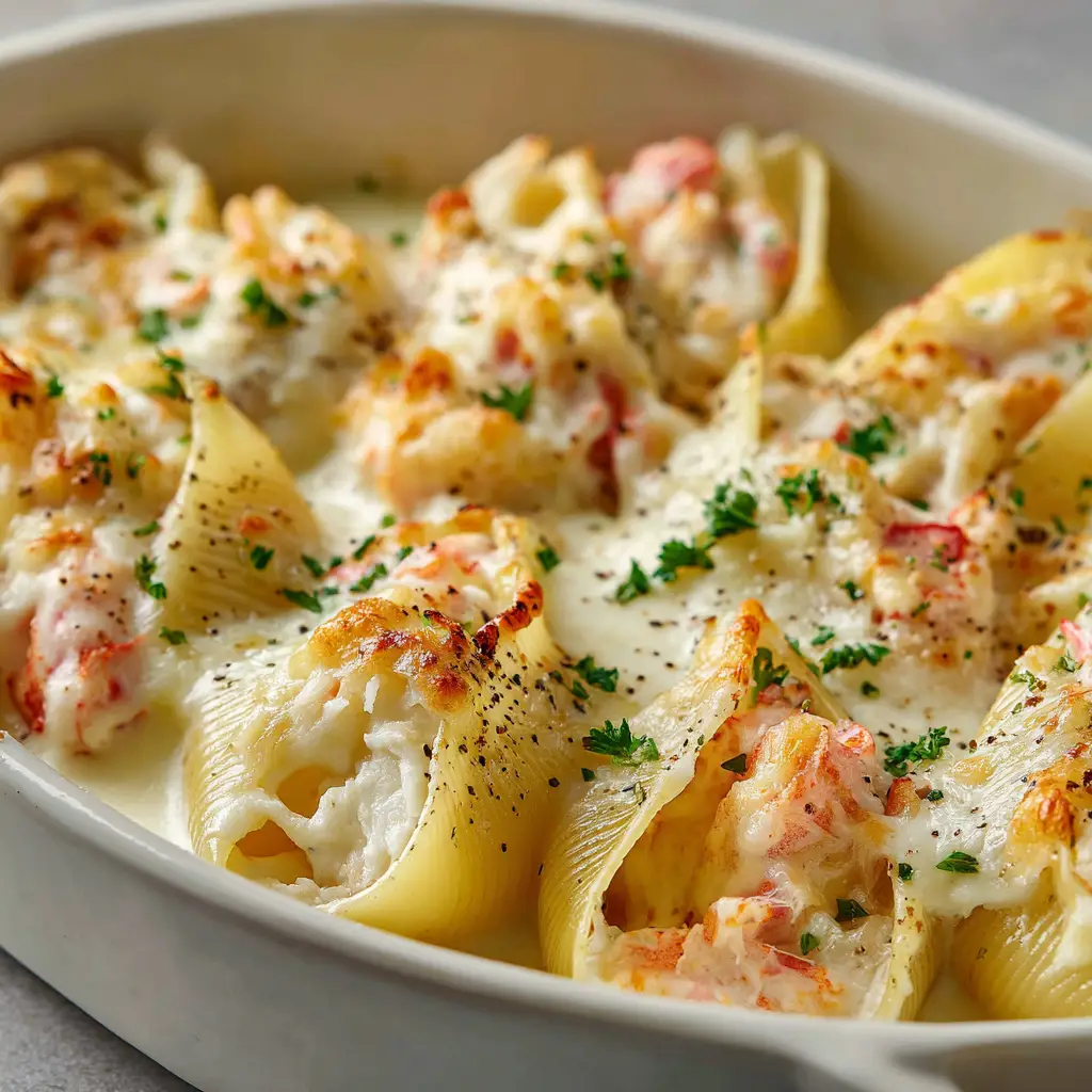 A close-up view of a single seafood stuffed shell, showing the creamy shrimp and crab filling inside the pasta.