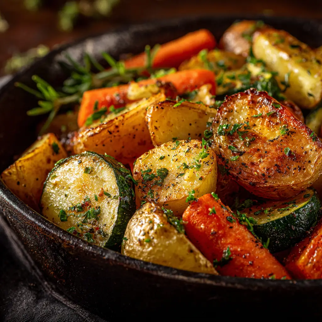 A vibrant mix of seasoned raw vegetables on a baking sheet before being roasted. Broccoli, bell peppers, and carrots are coated in oil and herbs, ready for the oven.