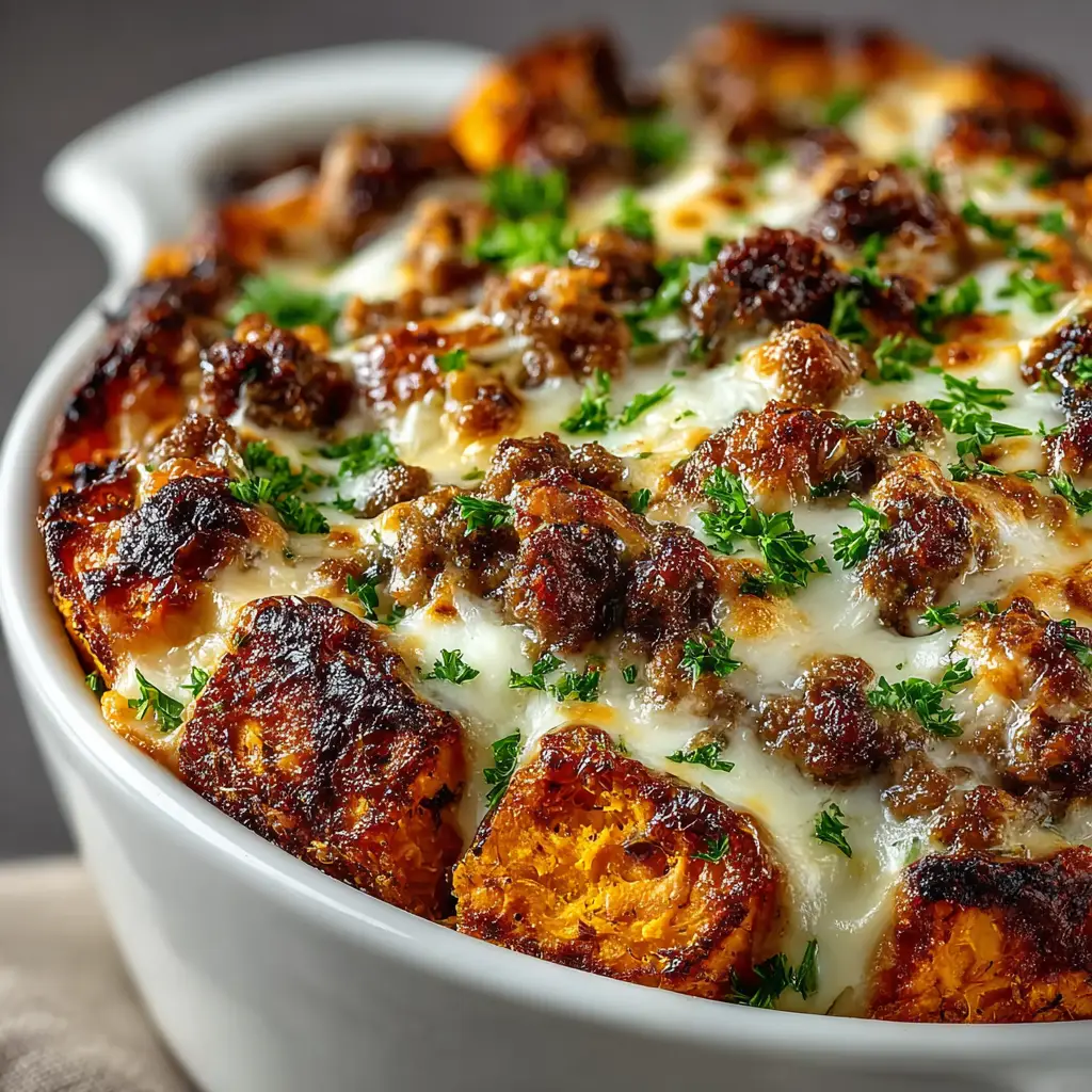 Ground Turkey Sweet Potato Bake: The Perfect Healthy Weeknight Meal 1 A scoop of the finished ground turkey sweet potato bake on a plate, showing the layers of cheese, turkey, and tender sweet potatoes.