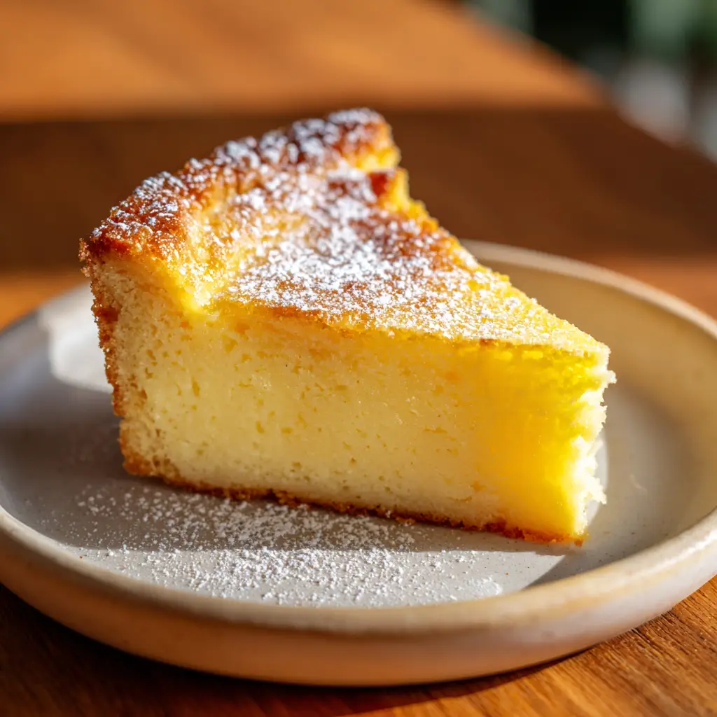A slice of homemade magic lemon cake being lifted from the pan, with powdered sugar dusting the top and a fork ready to take a bite.